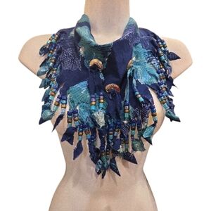 Western Fringe Blue Beaded Scarf With Silver Accents O/S Tie Back